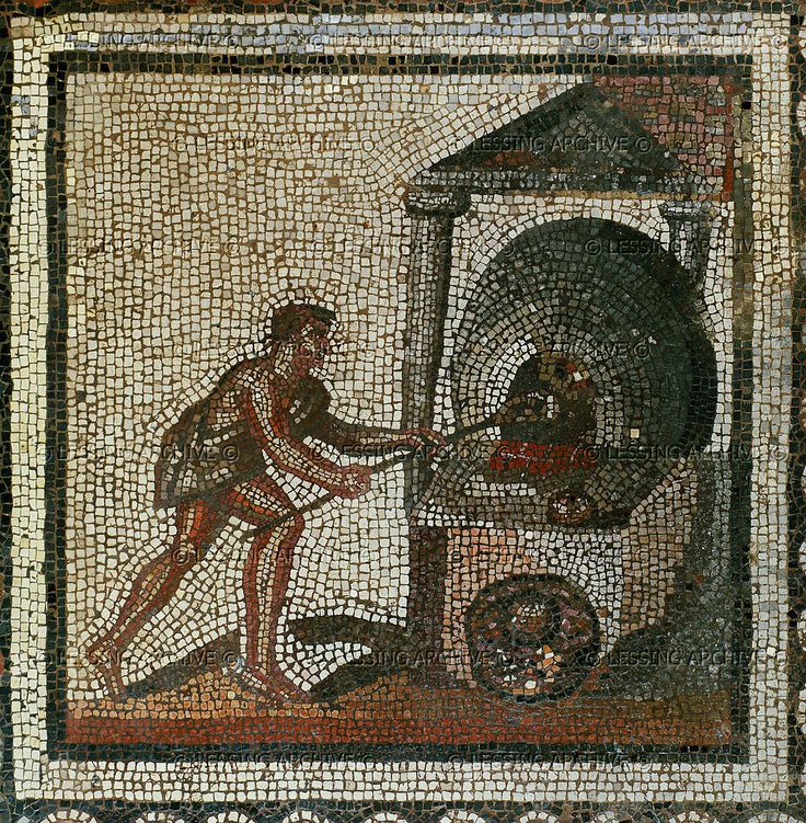 Roman mosaic, putting bread into the oven, 1st half 3rd CE, from a series showing agricultural work throughout the year, from Saint Romain-en-Gal, France.